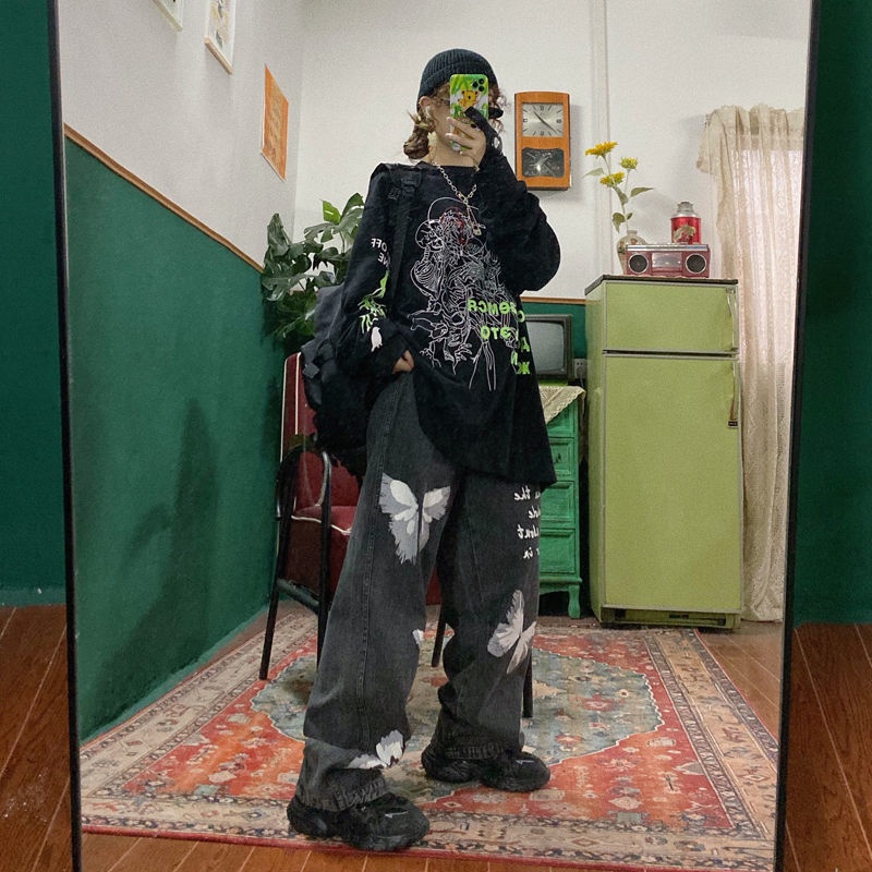 Quần jeans ống rộng phong cách hip hop đường phố dành cho nam và nữ