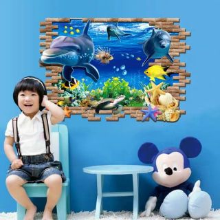 Decal dán tường cửa sổ cá 3d nguyên tâm 55x85cm