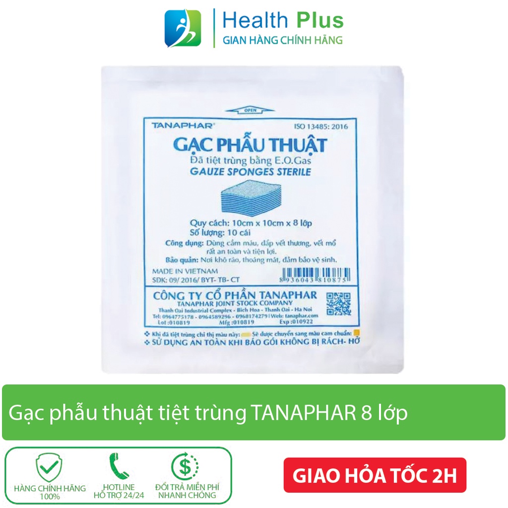 Gạc phẫu thuật tiệt trùng băng vết thương TANAPHAR 8 lớp chống nước chính hãng gói 10 miếng 10cmx10cm