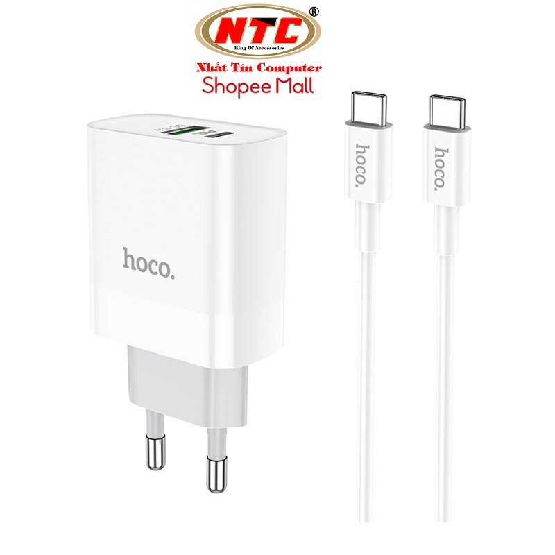 Bộ Cốc sạc 2 cổng USB và PD kèm Cáp sạc Type-C to Type-C Hoco C80A QC3.0 và PD18W (Trắng) - Hàng chính hãng