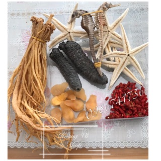 Bộ sản phẩm kết hợp gồm cá ngựa hải sâm sao biển bào ngư hạt kỷ tử đặng vị sâm