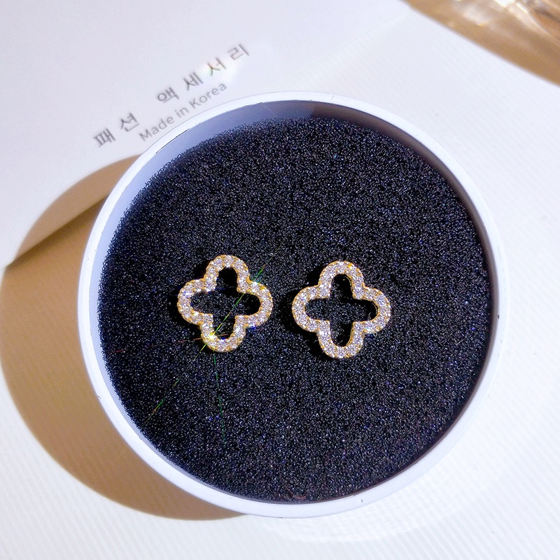 Khuyên tai JIUDUOLAN dạng kẹp/ xỏ kiểu cỏ bốn lá rỗng đính đá nhân tạo toàn diện thời trang Hàn Quốc thanh lịch cho nữ