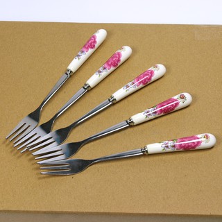 Bộ 5 nĩa inox cán sứ họa tiết đẹp