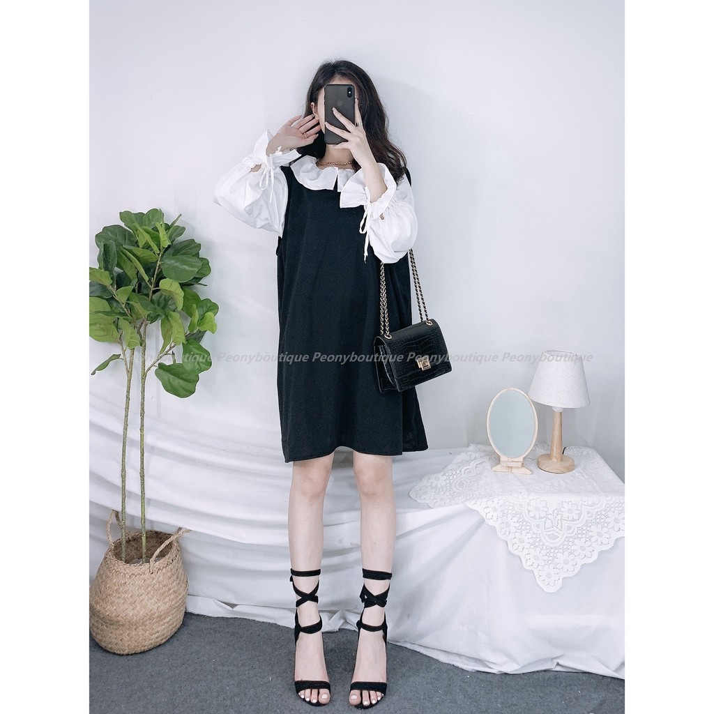 Set Yếm Sơ Mi Tay Xòe Nữ [FREESHIP]  Bộ đầm dáng suông kèm áo kiểu bánh bèo tiểu thư màu trắng đen basic Ulzzang HOT