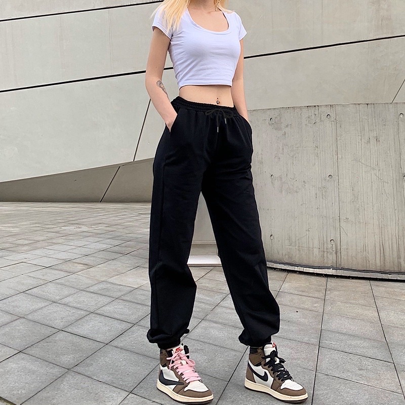 Quần jogger nữ nỉ ống rộng dây rút thể thao form unisex –