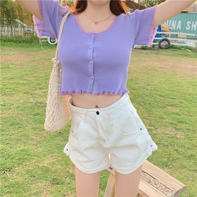 Áo Croptop Ngắn Tay Phối Ren Phong Cách Quyến Rũ Dành Cho Nữ