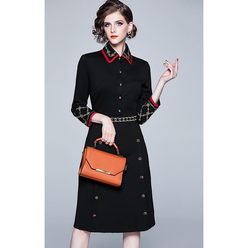 Đầm Midi Cài Nút Thêu Họa Tiết Phong Cách Vintage Chất Lượng Cao Cho Nữ