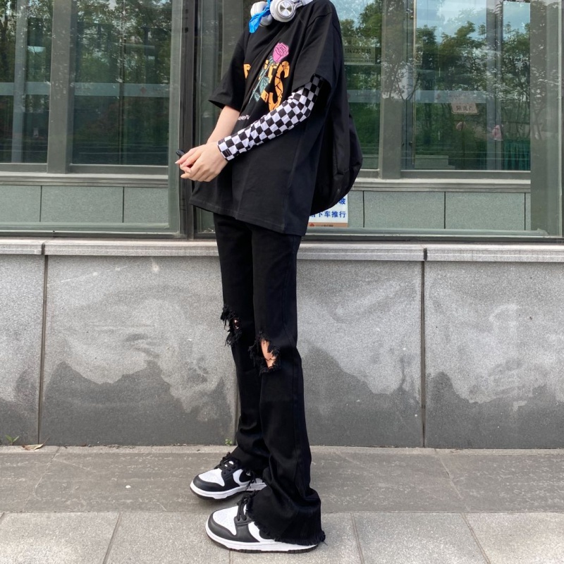 Quần jean iMaodou dài ống loe màu đen phối vết rách phong cách retro Mỹ