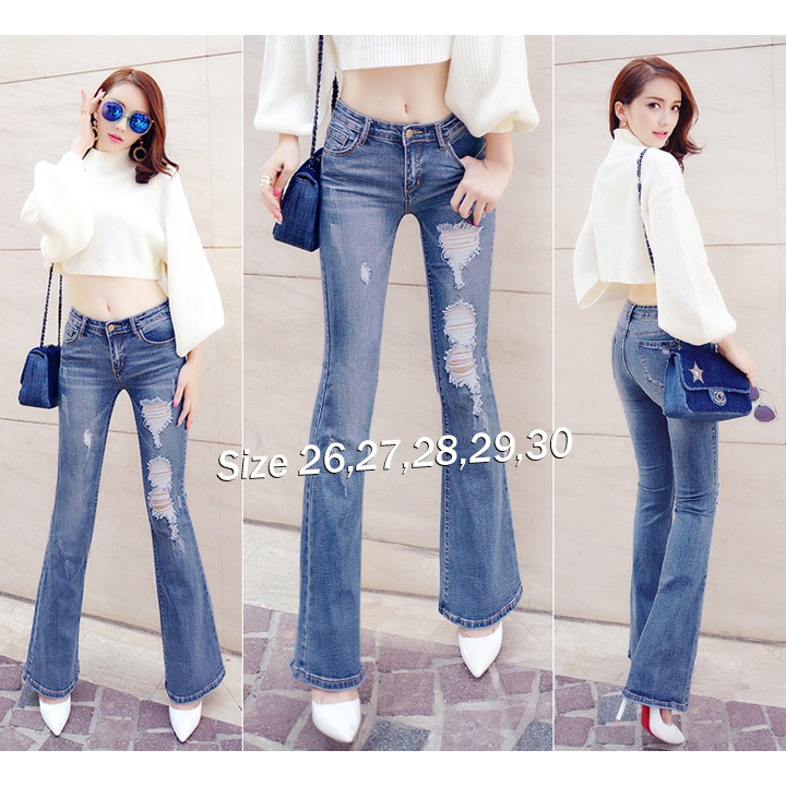 Quần jean lưng cao 1 nút cào rách ống loe (hàng QC cao cấp) qd175