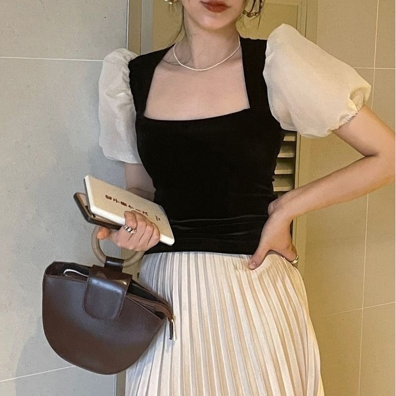 Áo Sơ Mi Cổ Vuông Tay Phồng Ngắn Chất Liệu Nhung Thiết Kế Tinh Tế Thời Trang Mùa Hè Cho Nữ