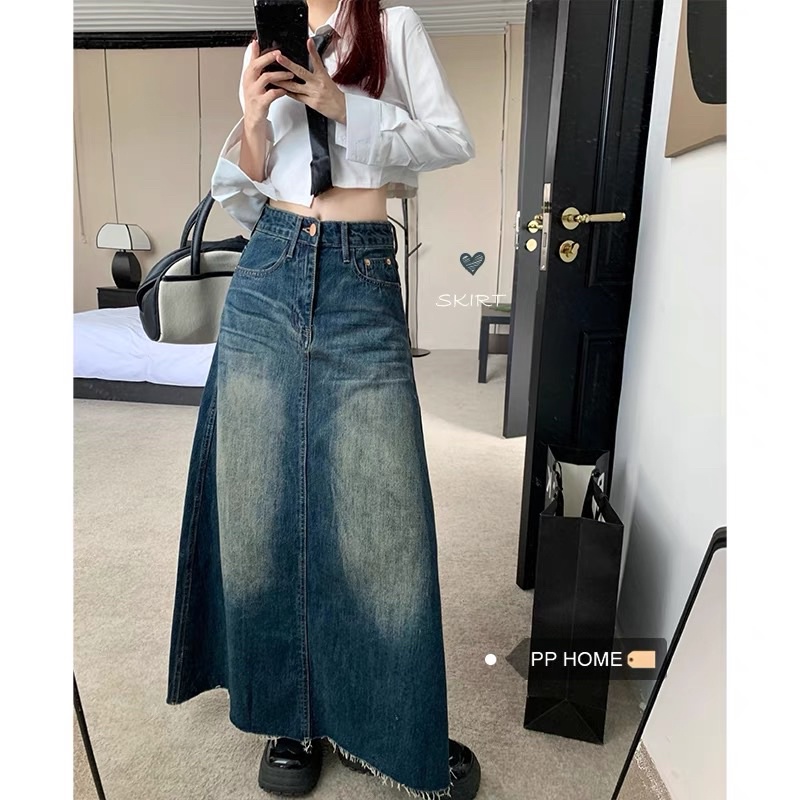 Chân váy jeans vintage dáng dài