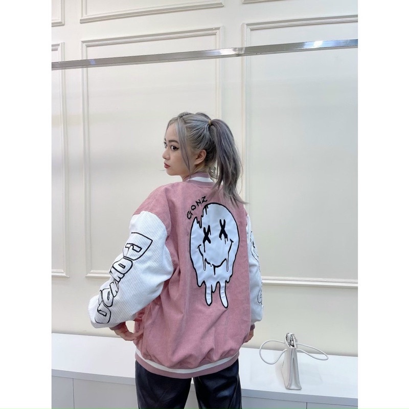 Áo khoác bomber varsity GONZ AKN19  nhung tăm áo bóng chày bomber jacket mặt cười - Fan Unisex