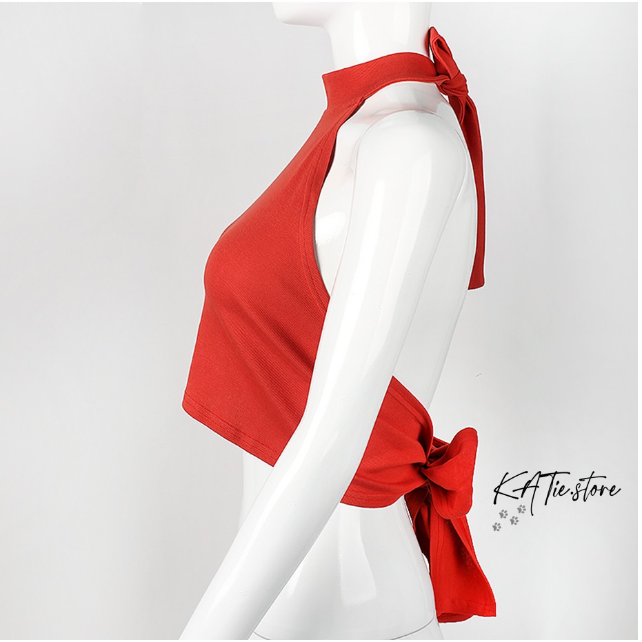 Áo crotop Đỏ hở lưng thắt nơ eo phía sau phong cách Retro.