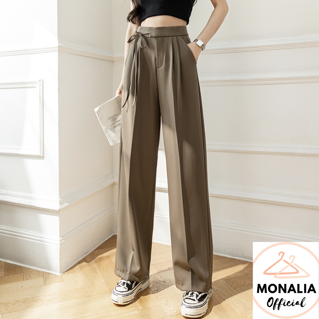 QUẦN ỐNG RỘNG MONALIA LƯNG CẠP CAO ỐNG SUÔNG VẢI NỮ DÀI CULOTTES XUÔNG MÀU ĐEN XÁM NÂU