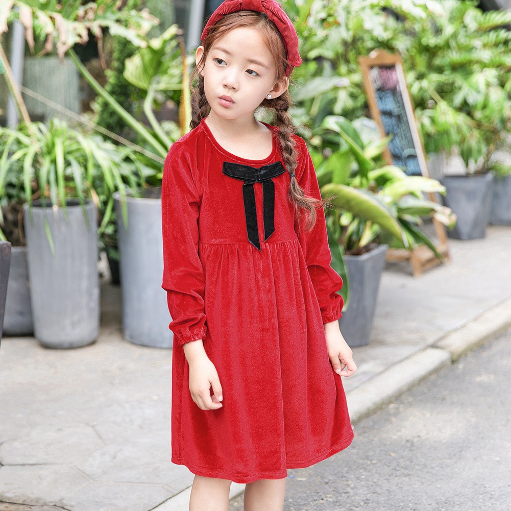 Sanlutoz Fashion Dress for Girls Red Long Sleeve Bow Dresses Party Wedding