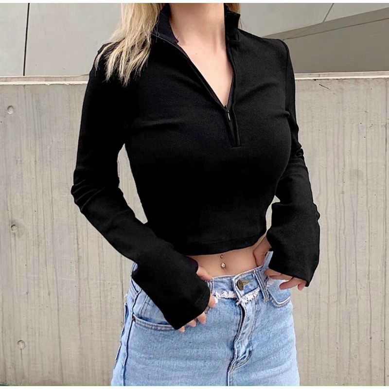 Áo croptop ôm tay dài phối khoá kéo ngực chất vải porip co giãn - Colory Shop