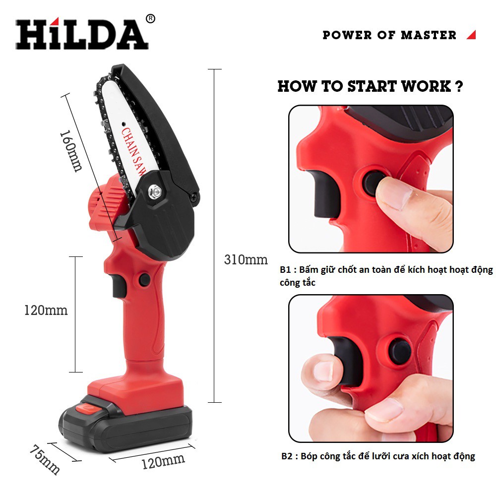 Máy cưa xích mini chạy pin cầm tay- Máy cưa cành cây chạy pin 21v