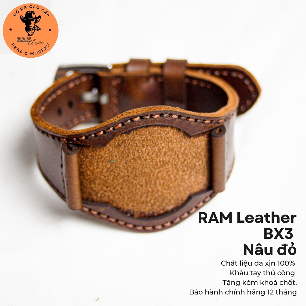 Dây đồng hồ da bò màu nâu đỏ - RAM Leather BX3 không lỗ Bền Đẹp
