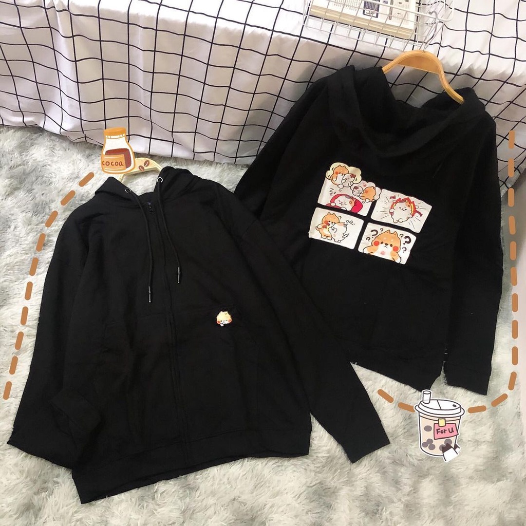 Áo Khoác nỉ lót bông MEANSTORE form rộng có mũ Unisex nam nữ oversize Ulzzang Streetwear Hàn Quốc - Corgi túi