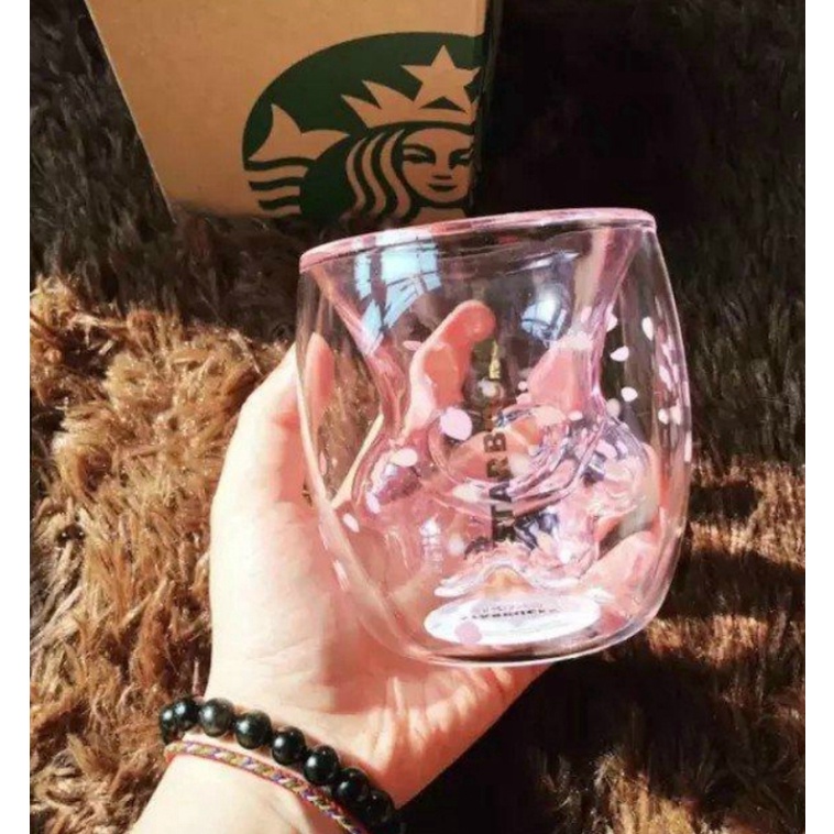 Starbucks Ly Thủy Tinh Hai Lớp Hình Chân Mèo / Chân Mèo / Hoa Anh Đào / Móng Vuốt Màu Hồng Xinh Xắn