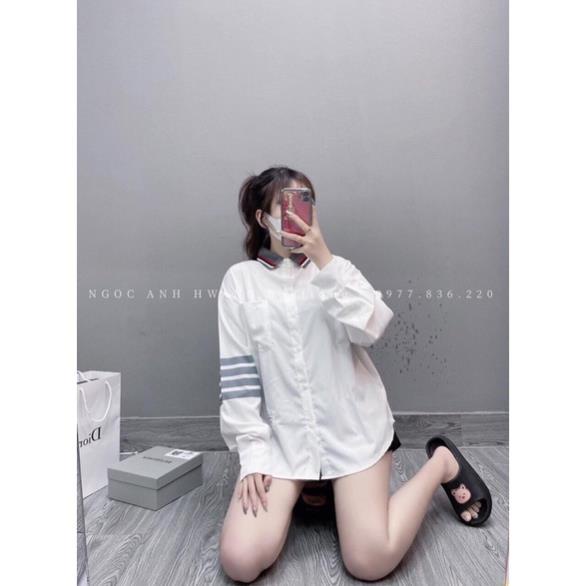 Áo Sơ Mi Sọc Tay THOM Cổ Đức Form Rộng Vải Thô Lụa Mềm Mịn Tay Dài Kiểu Dáng Basic Thời Trang Hàn Quốc