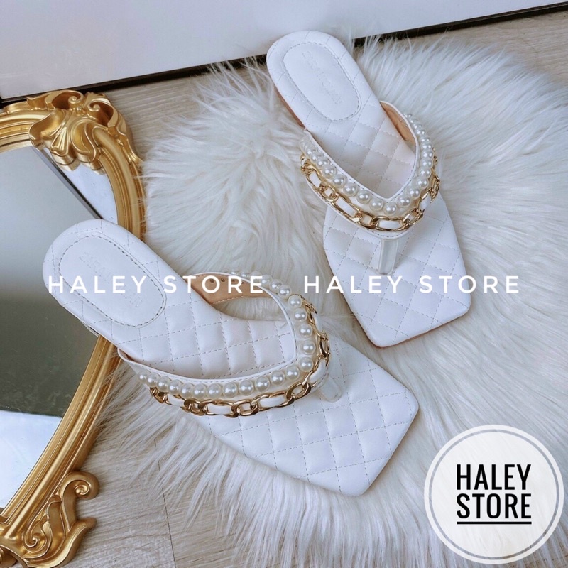 Dép nữ bệt HALEY STORE kẹp xỏ ngón mũi vuông may chỉ chần ô đính ngọc đính xích thời trang phong cách xịn đẹp bền rẻ