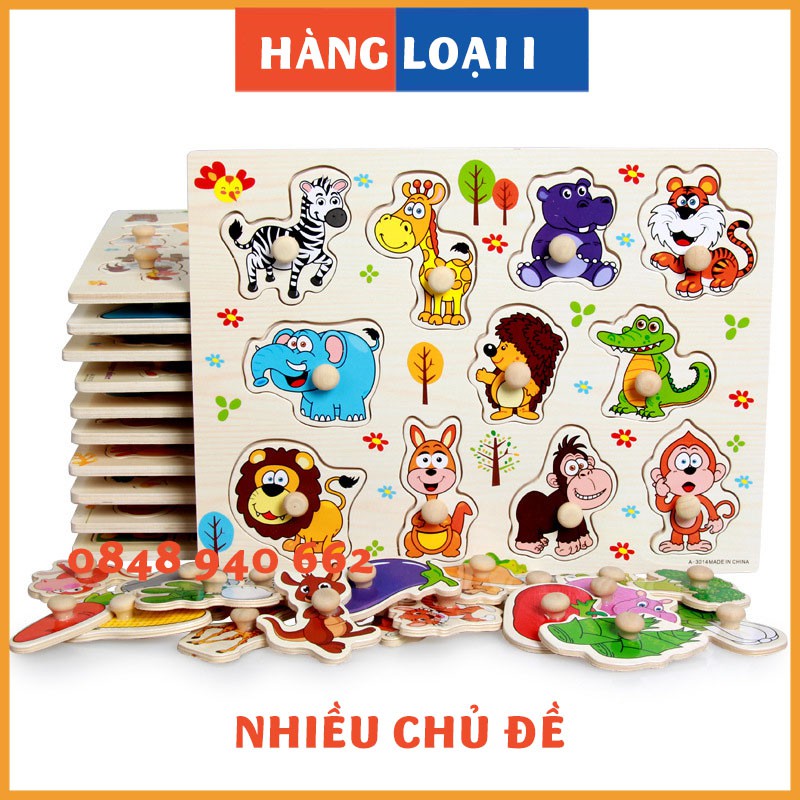 [Loại I] Bảng núm gỗ nhiều chủ đề, bảng ghép hình núm gỗ động vật, trái cây, chữ số giáo dục sớm phát triển trí tuệ