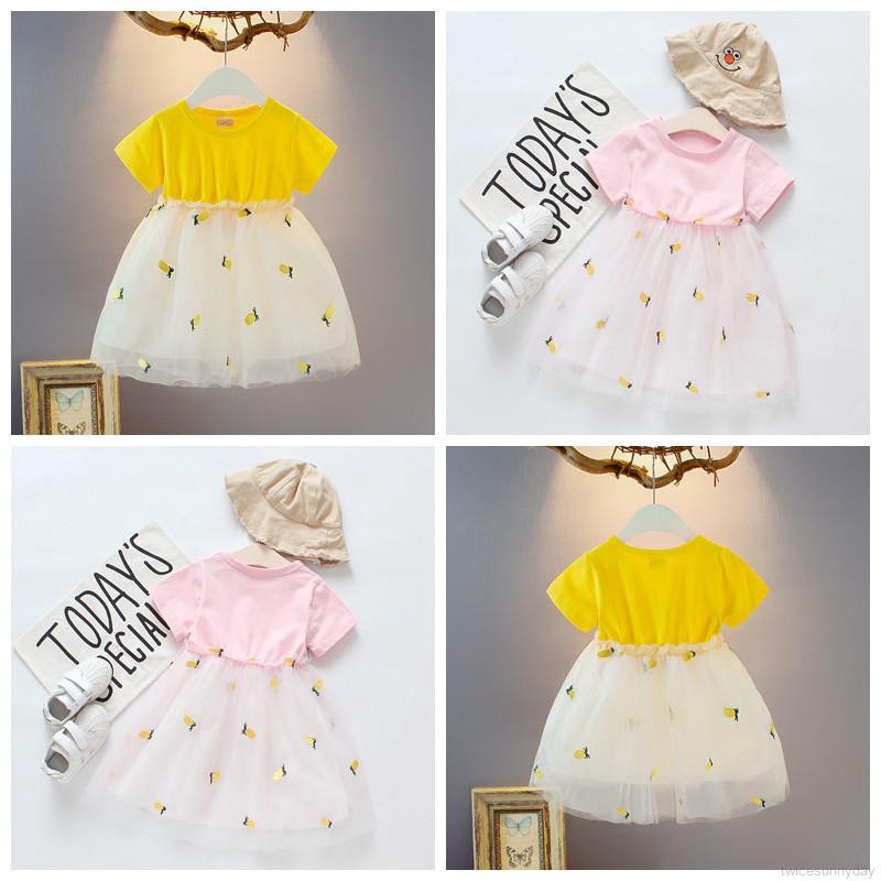 Đầm ngắn tay in hình quả dứa cho bé gái