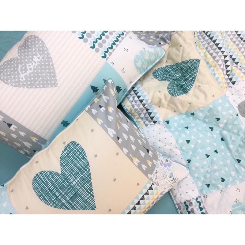 Vải họa tiết trái tim xanh chất cotton lụa Hàn Quốc may ga drap trải giường, may gối kiểu dễ thương