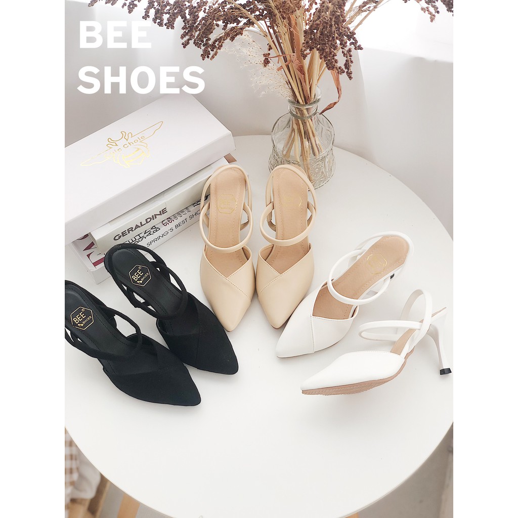 BEESHOES - GIÀY CAO GÓT NỮ MŨI NHỌN DÂY NGANG - GIÀY CAO GÓT NỮ GÓT NHỌN CAO 7 PHÂN SẴN MÀU ĐEN - BE - TRẮNG 201067