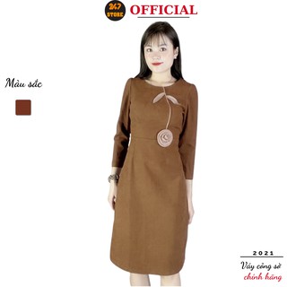 Đầm công sở phối nơ 247STORE (màu nâu), dáng dài, maxi, cộc tay, cổ tròn, nơ eo, ôm. vải da lộn mềm mịn không lộ
