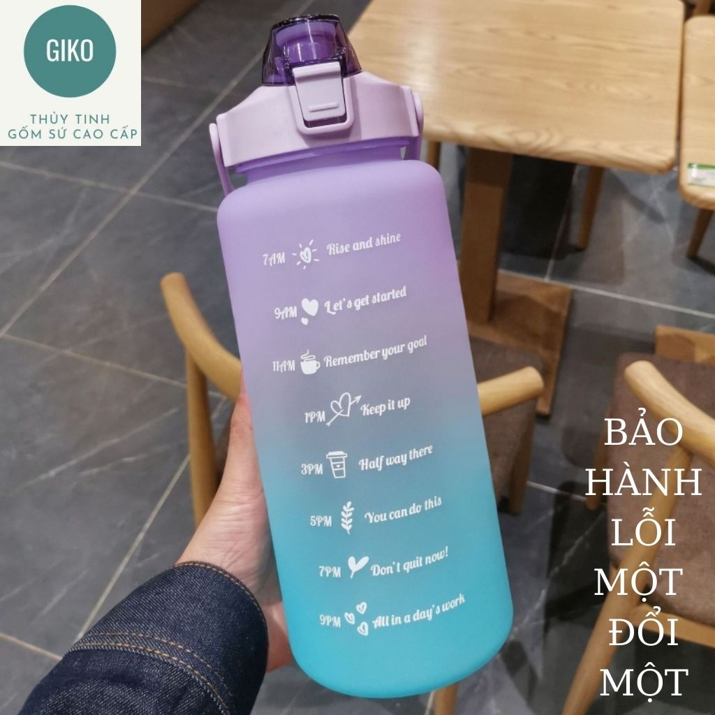 Bình đựng nước 2 lít chia vạch thời gian nhắc nhở tập gym thể thao đi học làm việc cute dễ thương loại 2000ml GIKO