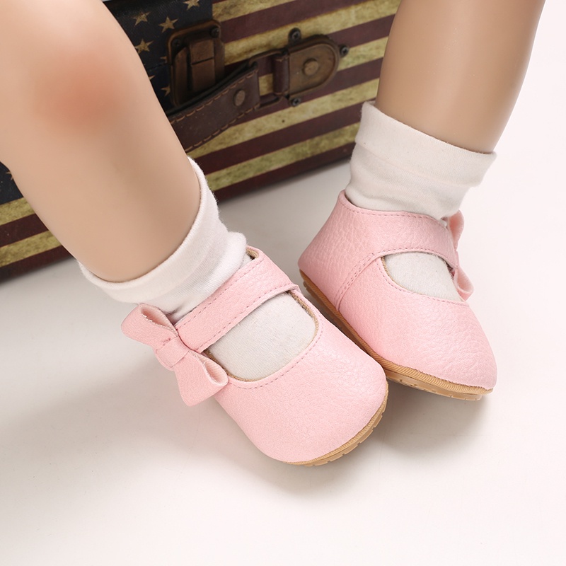 Giày Búp Bê Da PU Đế Cao Su Mềm Chống Trượt Đính Nơ Cho Bé Gái Sơ Sinh