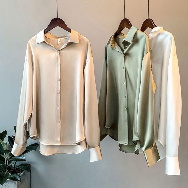 Áo Sơ Mi Lụa Satin Tay Dài Cổ V Màu Trơn Đính Nút Thời Trang Công Sở Cho Nữ Màu Sắc