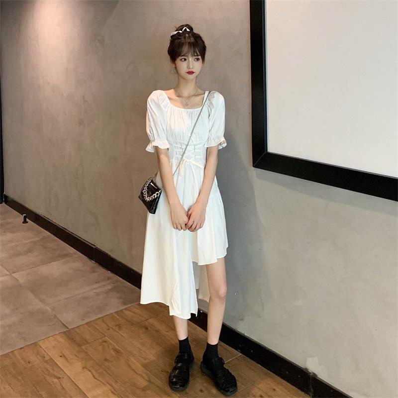 Sweet Cool Style Skirt Women's Summer2021New Design Sense Irregular Cinched Retro First Love Short Sleeve Dress