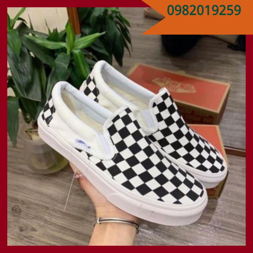 Giày Vans caro🏆FREESHIP🏆 Giày thể thao lười slipon viền trắng nam nữ full box