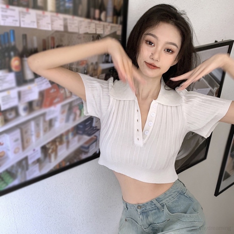 Áo Croptop Dệt Kim Màu Sắc Đơn Giản Phong Cách Hàn Quốc Cho Nữ