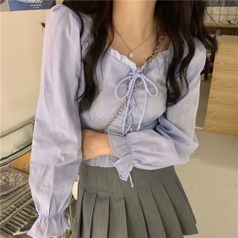 Áo kiểu BH tay dài cổ vuông thắt nơ phối ren xinh xắn thời trang mới dành cho nữ