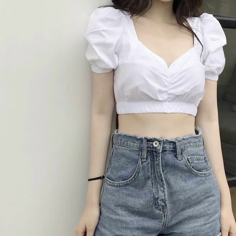 ÁO VOAN CROPTOP TAY PHỒNG NHÚN NGỰC CỔ V CHIZISHOP CRT24