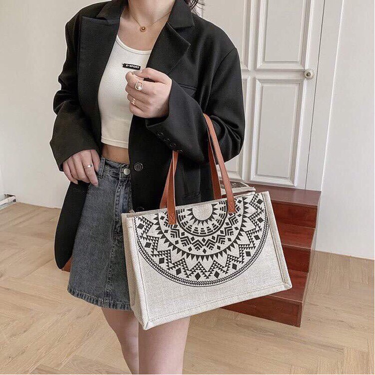 Túi Tote vải bố đi biển - In chữ Hello Weekend và Họa tiết Trống Đồng (Mẫu mới Hot)