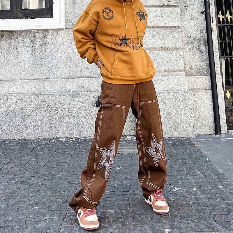 Retro Street Style Embroidered Wide-Legged Jeans