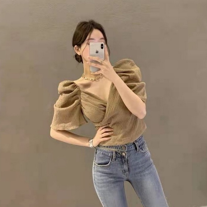 QADCOL  Áo kiểu tay phồng cổ chữ V ôm dáng phong cách Hàn Quốc