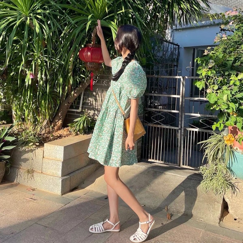 Váy babydoll nơ lưng hoa nhí xanh mint ullzang - Đầm xoè cổ vuông tay phồng nơ lưng xanh lá