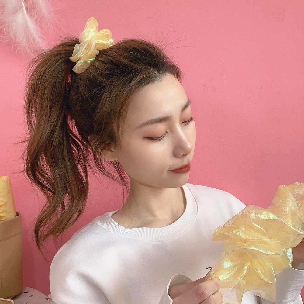 Scrunchie Cột Tóc Tròn Hologram Lấp Lánh 2 Màu Vàng Trắng 2 Size