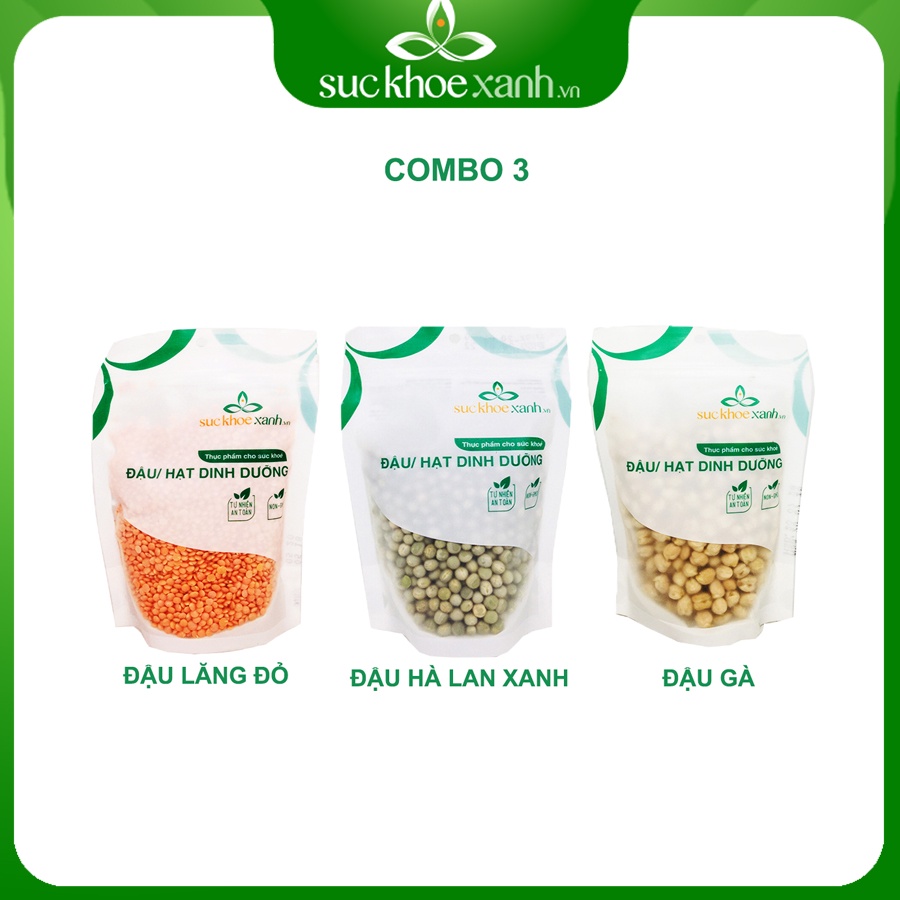 Combo 3 - Đậu gà &amp; Đậu lăng đỏ nguyên hạt &amp; Đậu hà lan xanh nguyên hạt (mỗi túi 250g)