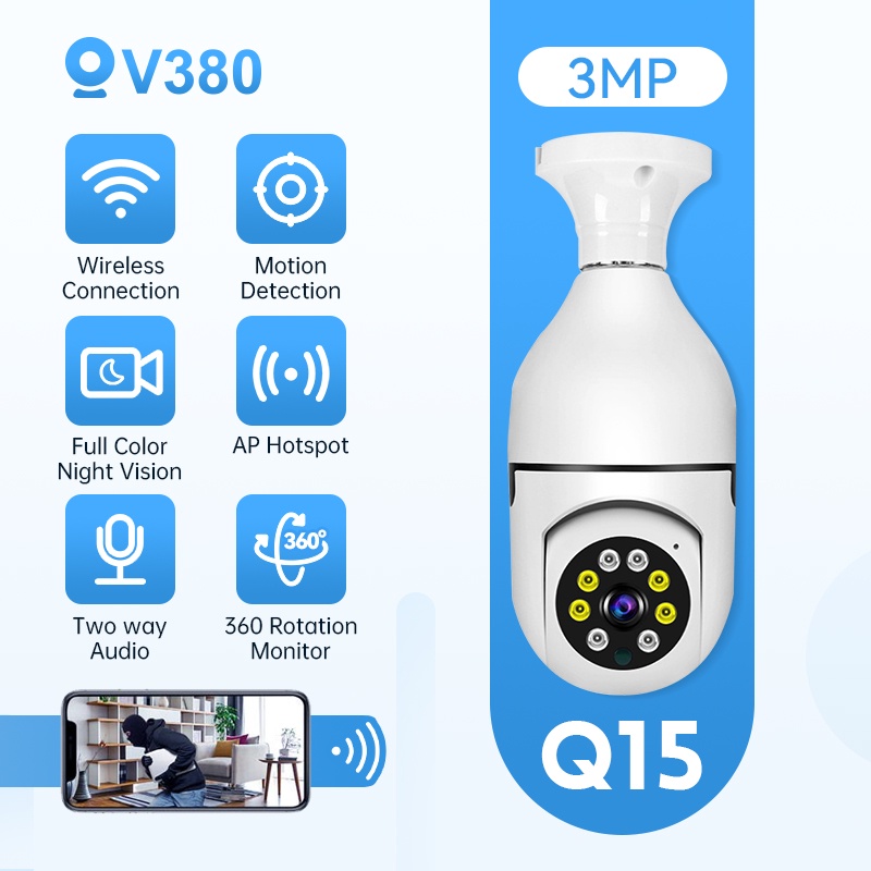 Thiết Bị Theo Dõi Tự Động Không Dây Trong Nhà V380 Q15 CCTV 360° Camera IP WIFI PTZ IP 10M Với Tầm Nhìn Ban Đêm Tốt