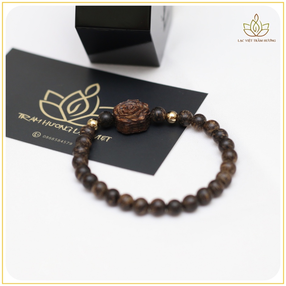 Vòng Tay Trầm Hương INDO Hạt 6MM Mix Hoa Hồng - Vòng Trầm Hương INDO Dó Dây Xịn VIP Cao Cấp Lạc Việt Trầm Hương