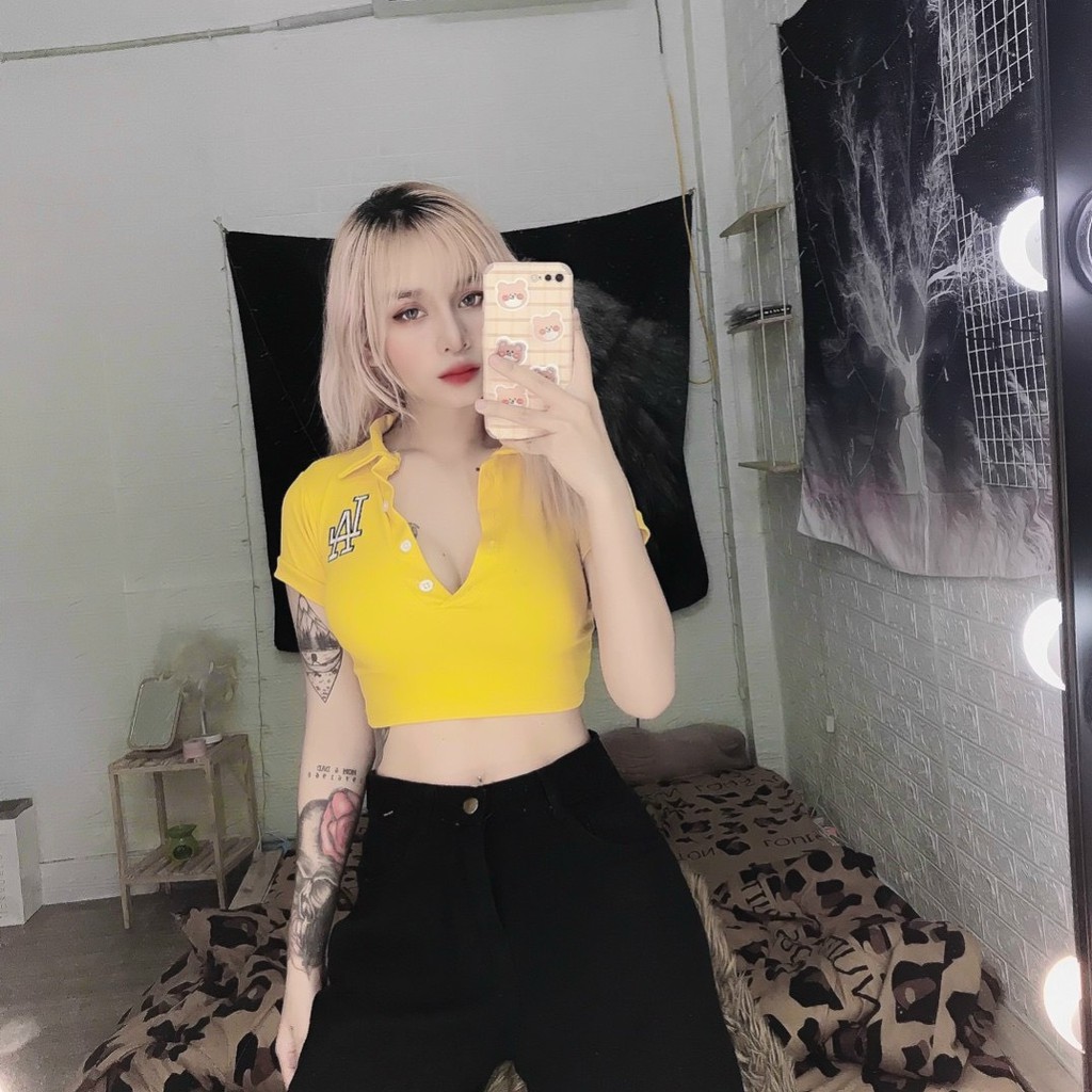 Áo kiểu croptop cổ bẻ cài nút thêu chữ bên cực xinh , chất thun bozip mềm mịn ( ảnh thật )