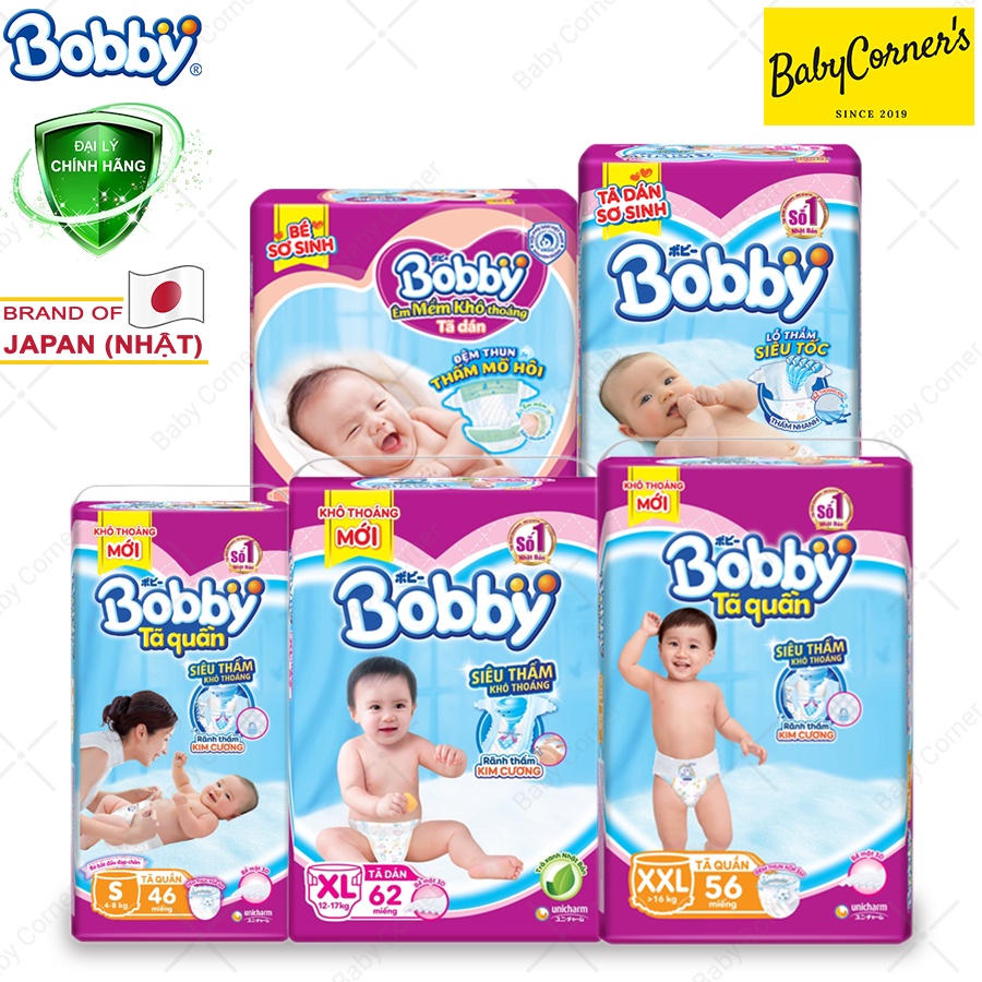 Miếng Lót/ Tã Dán/ Tã Quần Bobby Êm Mềm Siêu Thoáng Newborn, XS72, S56, M76, L68, XL62, XXL56 Cho Bé