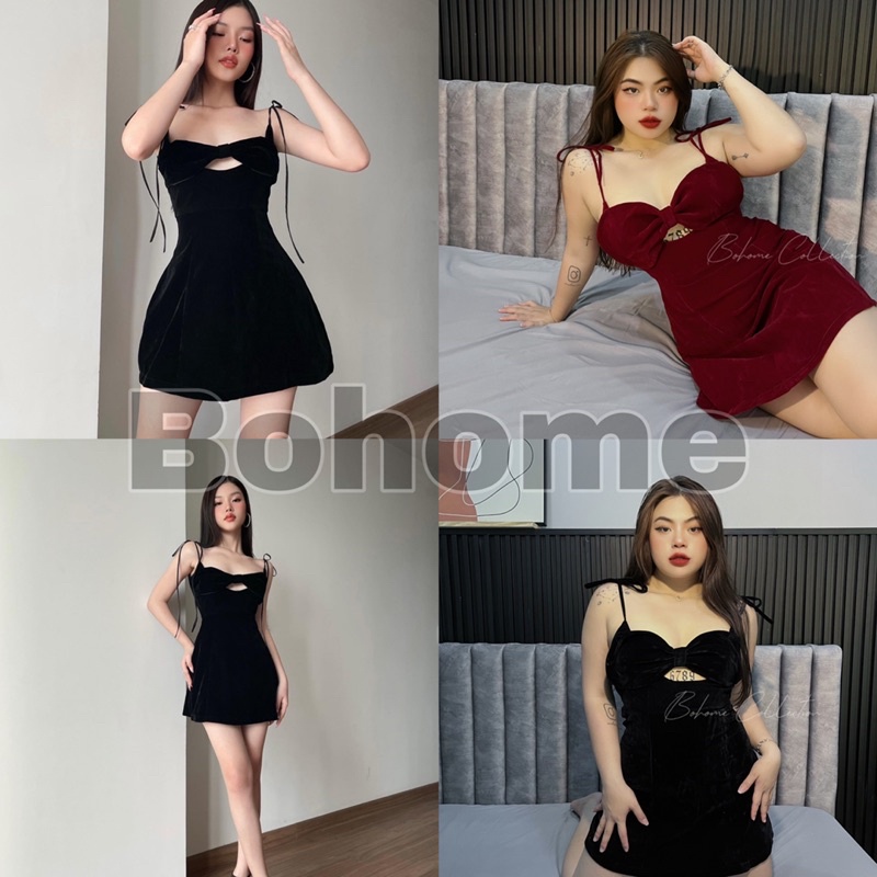 Đầm nhung nơ 2 dây,đầm,thời trang nữ,đầm bigsize, đầm nữ, đầm đi tiệc. Bohome